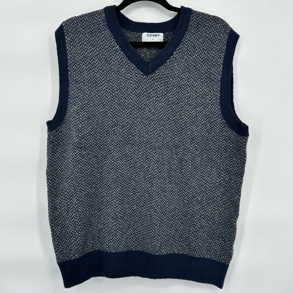 Old Navy Sweater Vest Gray‎ Blue Herringbone V-neck Size Medium NWT
